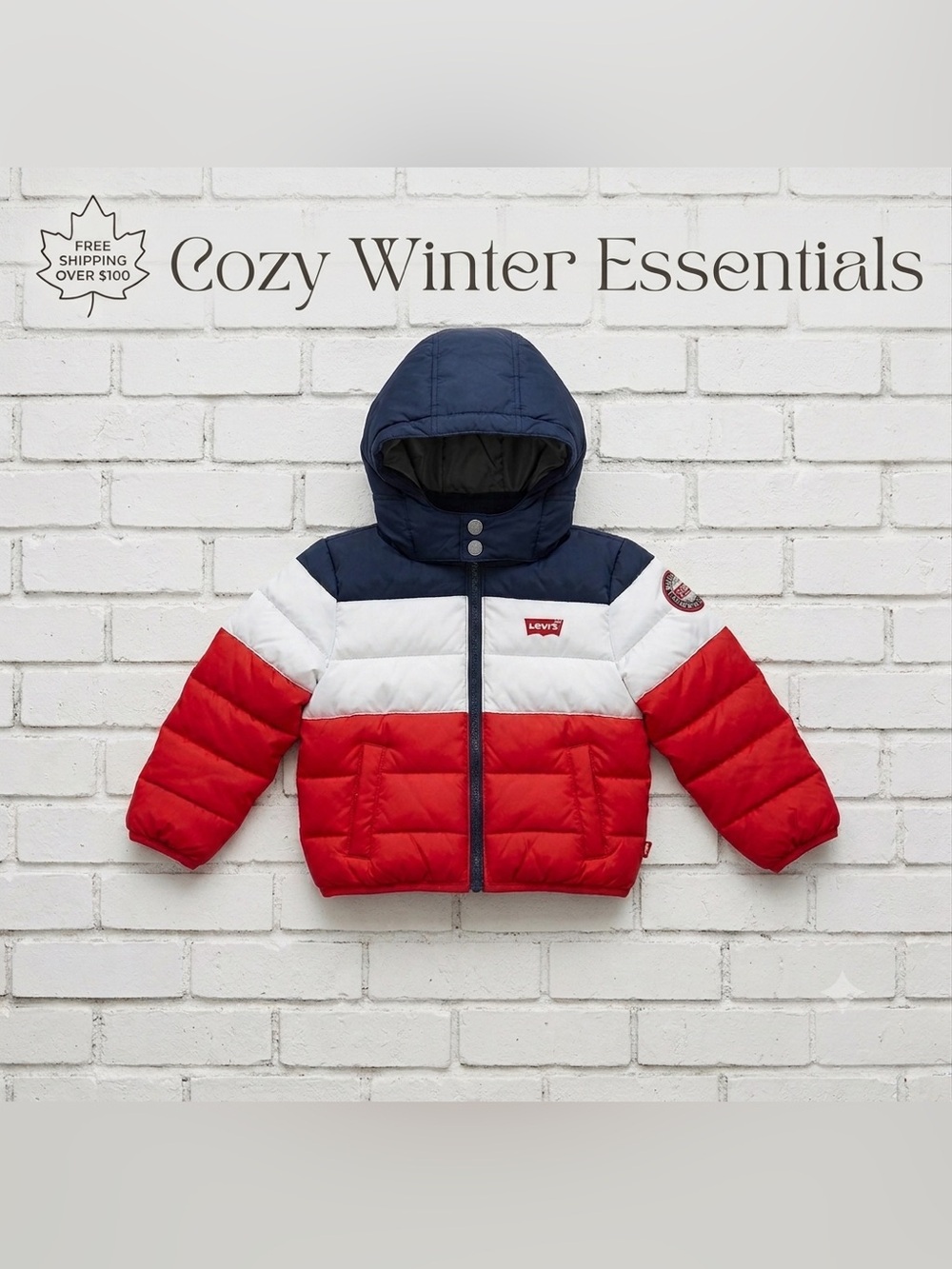 Levi's Toddler Boys Colorblock Puffer Jacket Red White Blue Hooded Size 24Months
